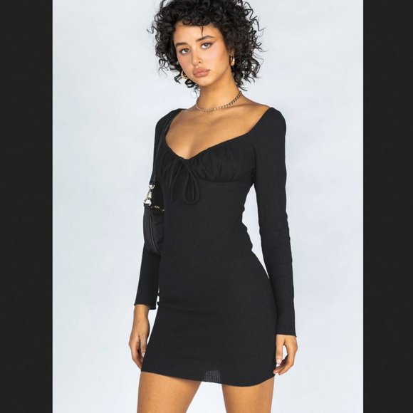 Long Sleeve Ruched Mini Dress Black - Picture 1 of 4